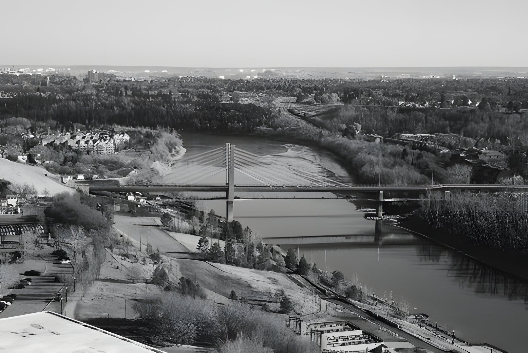 The North Saskatchewan River valley and its bridges, seen from the KRP office