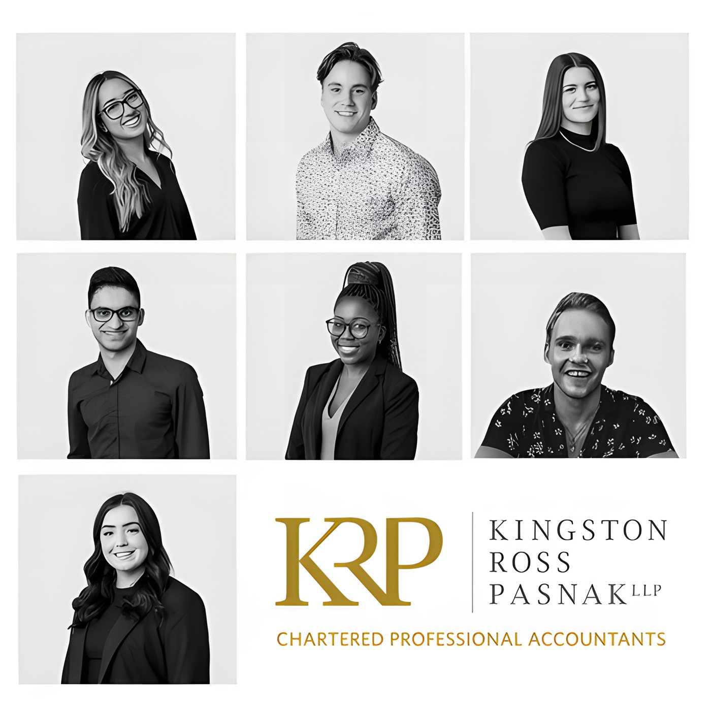 Headshots of seven KRP students alongside the Kingston Ross Pasnak logo